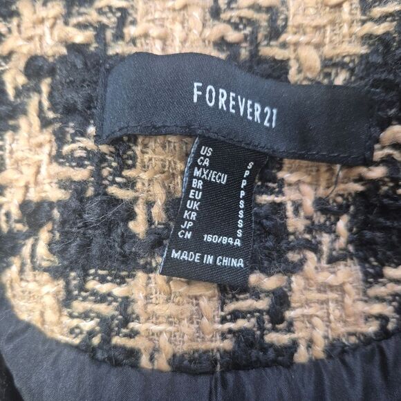 Forever 21 Brown Black Cropped Houndstooth Tweed Fringe Jacket Y2K Size Small - Picture 4 of 7